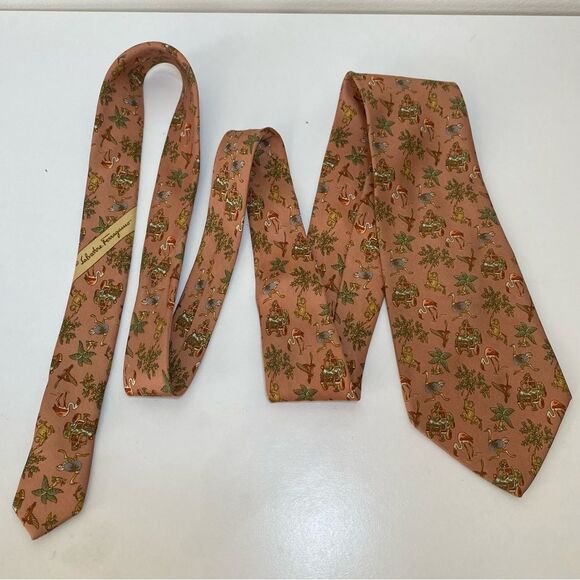 FERRAGAMO Vintage Silk Novelty Jungle Safari Monkey Ostrich Print Neck Tie Tan - Picture 4 of 8